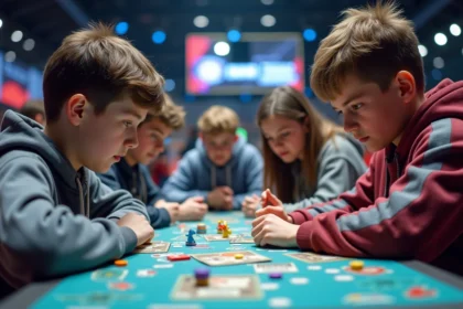 Groupe d'adolescents concentrés lors d'un tournoi Pokémon