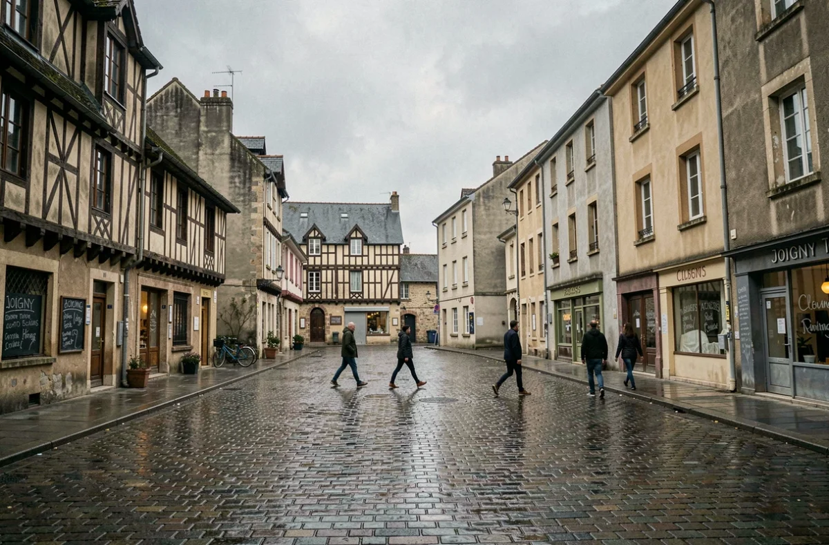Place de marché semi-déserte à Joigny dans l'Yonne avec bâtiments médiévaux et commerces fermés