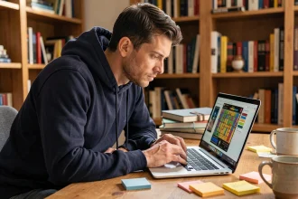 Joueur adulte concentré analysant une interface de jeu de stratégie sur ordinateur portable, illustrant les erreurs fréquentes des joueurs de Cimantix