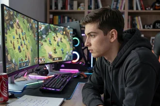 Joueur concentré devant son PC analysant une composition TFT reroll sur plusieurs écrans de jeu stratégique