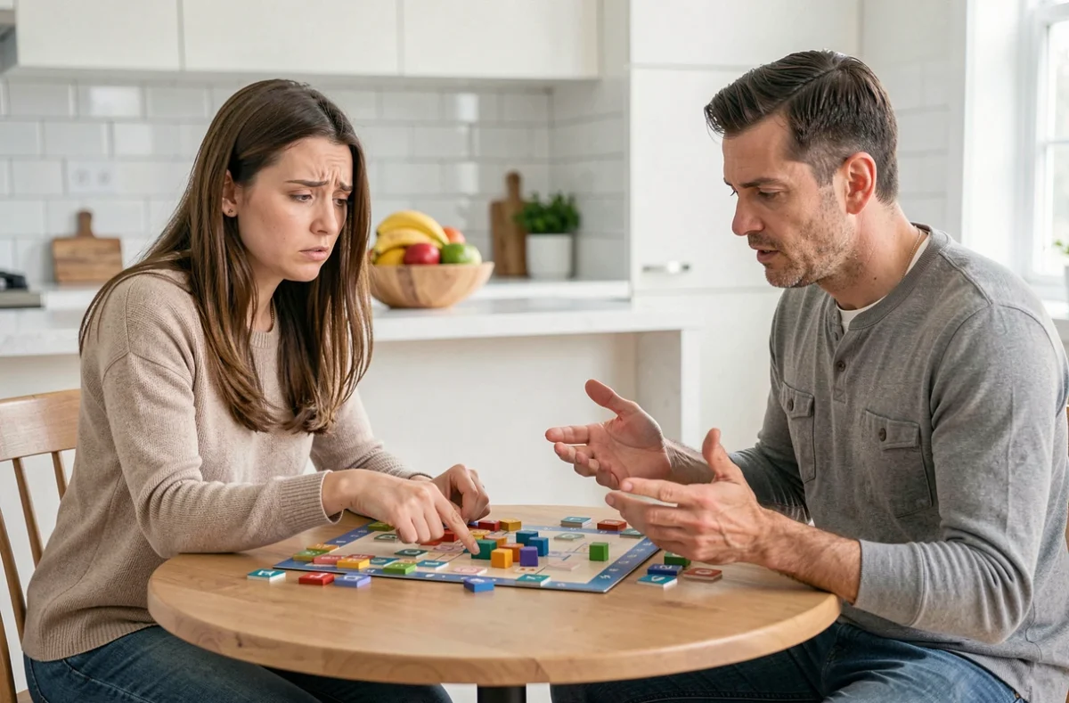 Deux joueurs adultes discutant des règles d'un jeu de plateau Cimantix à une table de cuisine, illustrant les solutions aux erreurs courantes
