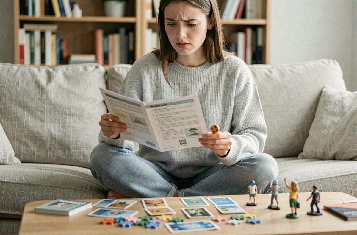 Jeune femme adulte lisant attentivement le manuel de règles du jeu Cimantix entourée de pièces de jeu sur un canapé, cherchant à corriger ses erreurs