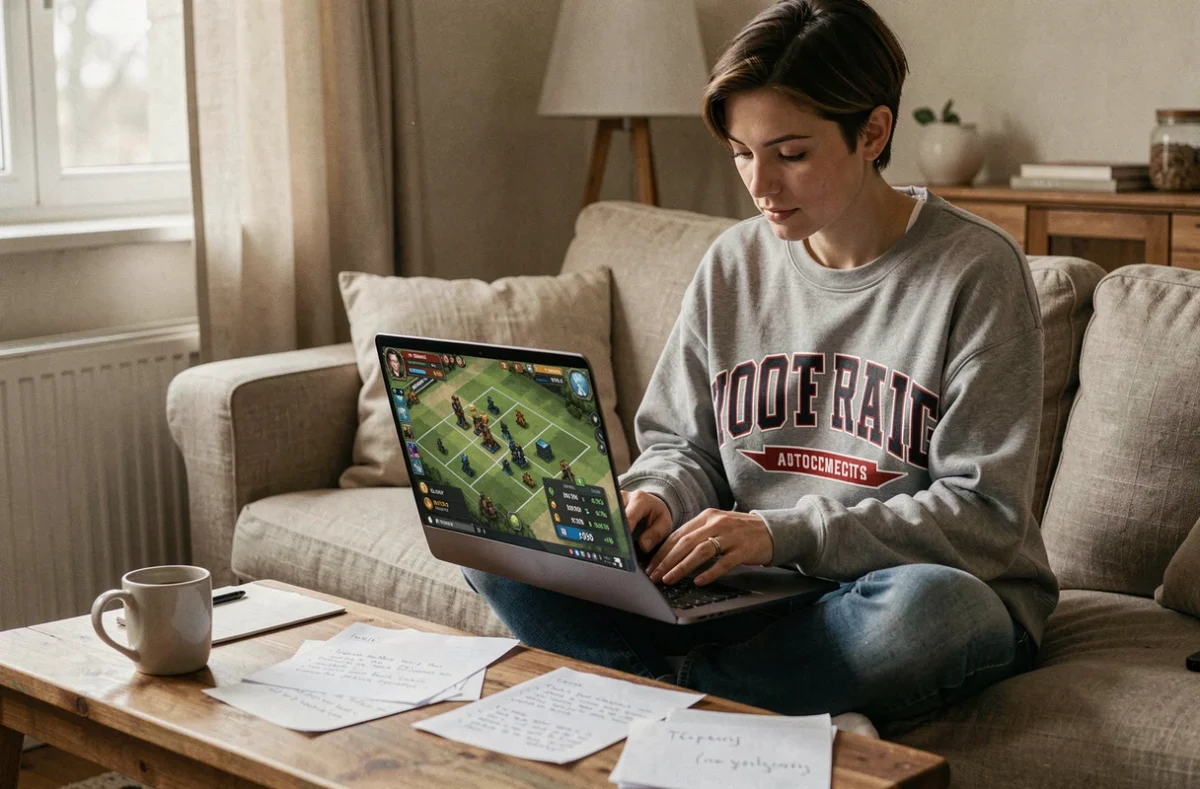 Joueuse de TFT sur laptop analysant sa stratégie reroll depuis son canapé avec des notes de composition