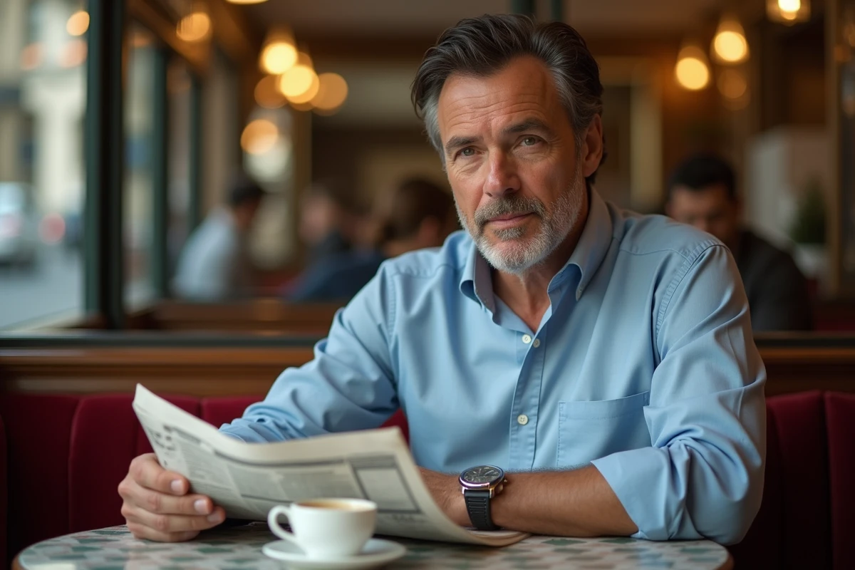 Journaliste attablé dans une brasserie parisienne classique avec un journal et un café, symbolisant les racines culturelles et l'identité intellectuelle d'un homme de presse français