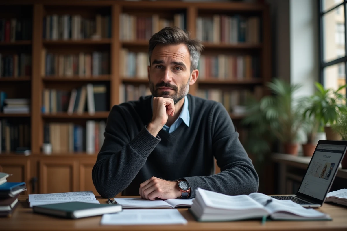 Journaliste en réflexion dans son bureau éditorial entouré de documents et d'ouvrages de référence