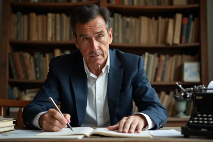 Portrait d'un journaliste expérimenté dans son bureau personnel entouré de livres et de notes manuscrites, évoquant un parcours dédié à l'écriture et à l'information