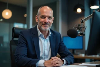 Journaliste professionnel en studio de radio ou télévision lors d'une émission en direct