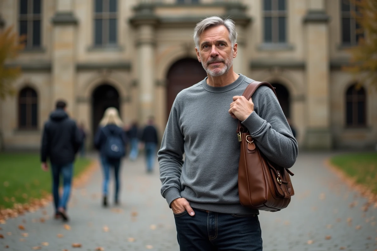 Journaliste devant une façade universitaire en pierre en automne, évoquant les années de formation académique et les origines intellectuelles d'un homme de presse