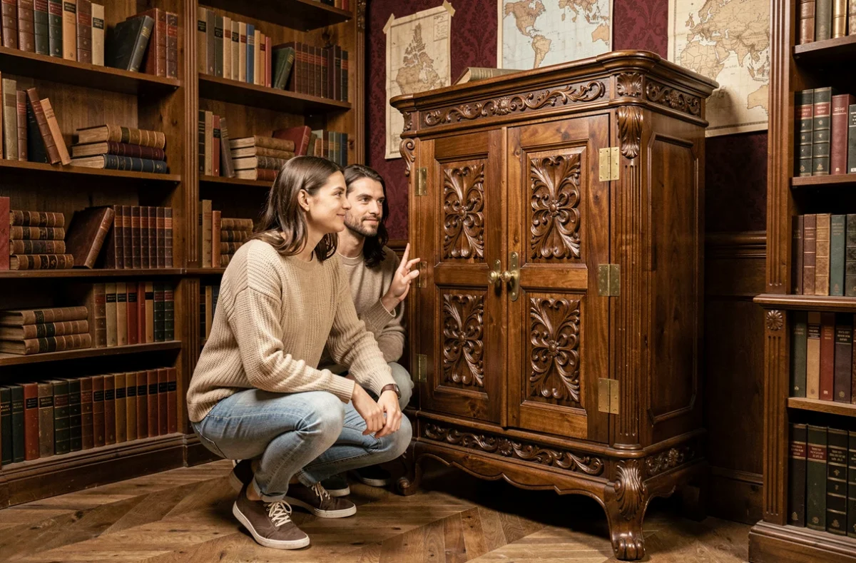 Deux joueurs examinant un meuble antique dans la salle d'escape game Lambda Escape à Saint-Louis