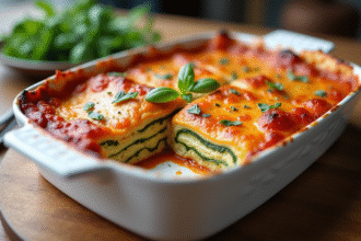 Lasagne de courgettes fraîche servie dans une assiette en céramique blanche