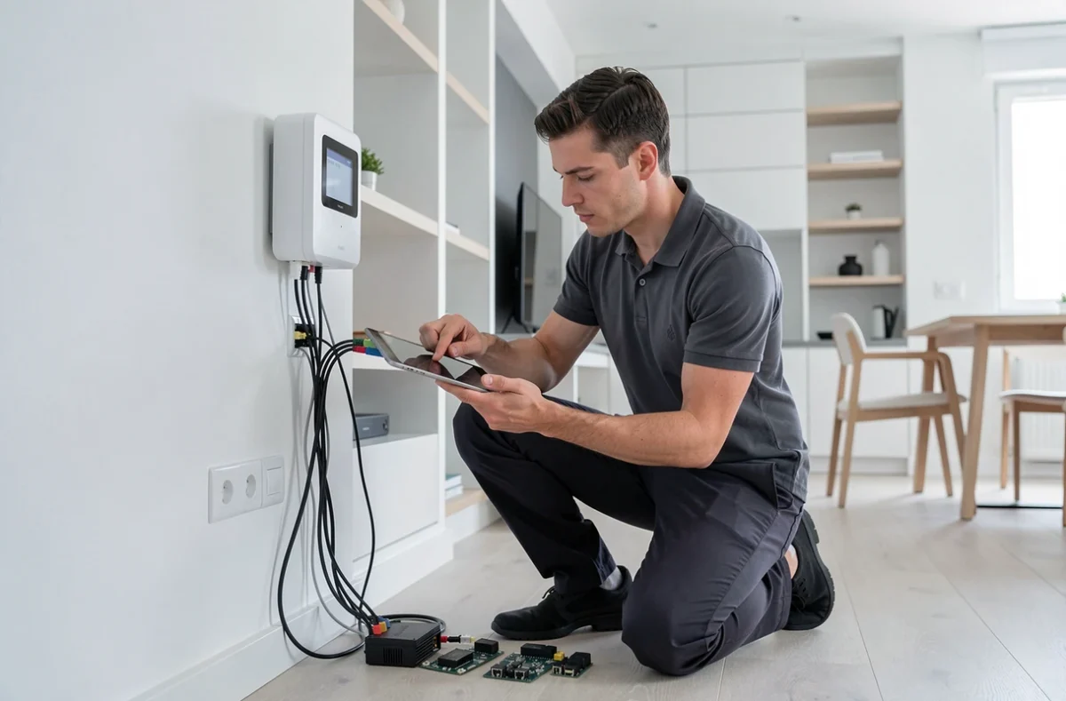 Technicien Lecomte Domotique installant un système de maison connectée dans un appartement moderne à Tours
