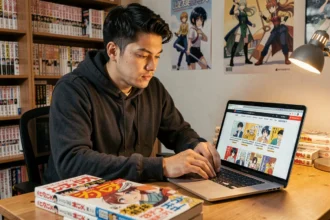 Jeune homme lisant des scans de manga en français sur un ordinateur portable, entouré de volumes manga originaux japonais