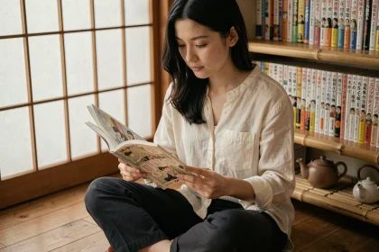 Jeune femme lisant un tome du manga Les Carnets de l'Apothicaire en version française dans un espace de lecture japonisant