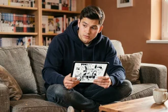 Jeune homme lisant un scan de manga One Piece sur tablette dans un salon confortable en 2026