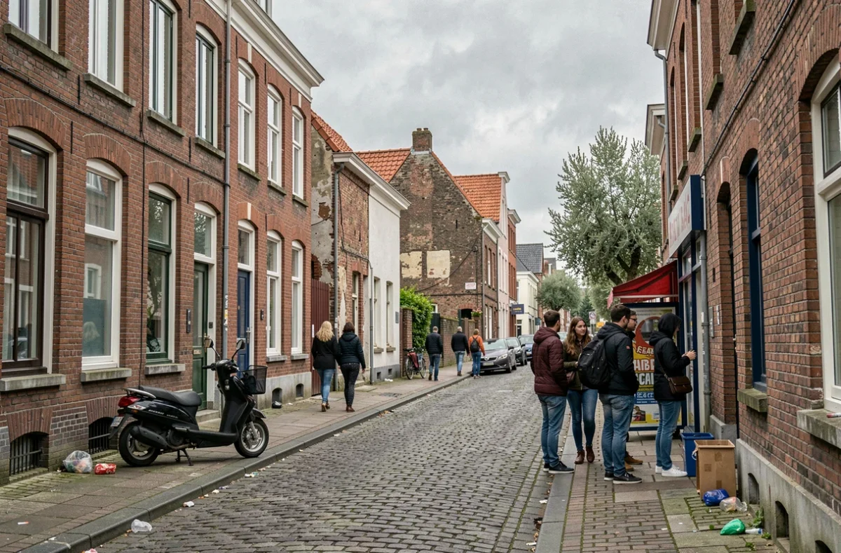 Rue d'un quartier populaire de Lille avec architecture flamande en briques, passants adultes et scooters garés