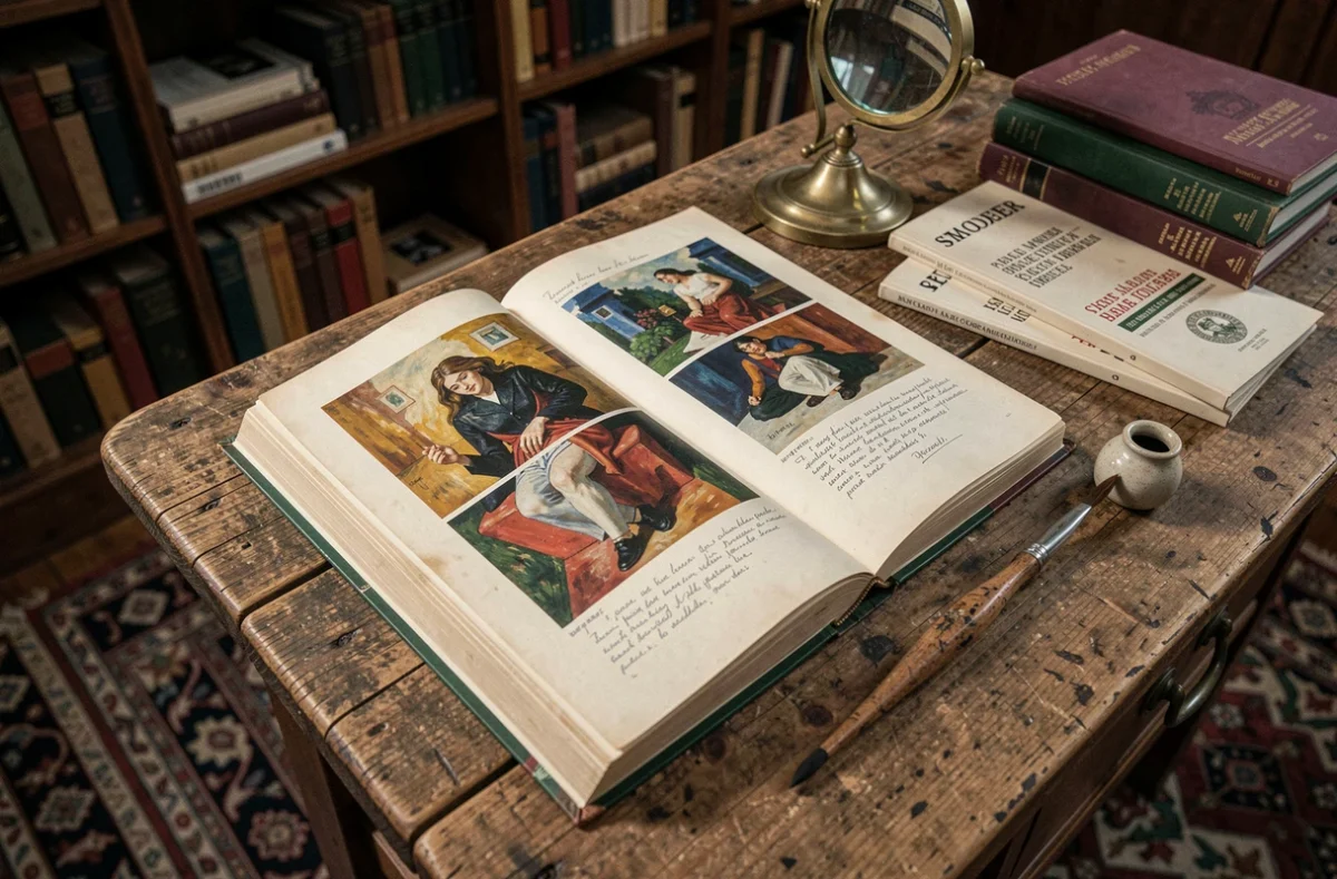 Détail d'un livre d'art vintage ouvert avec des reproductions de peintures abstraites françaises et annotations, sur un bureau d'étude académique