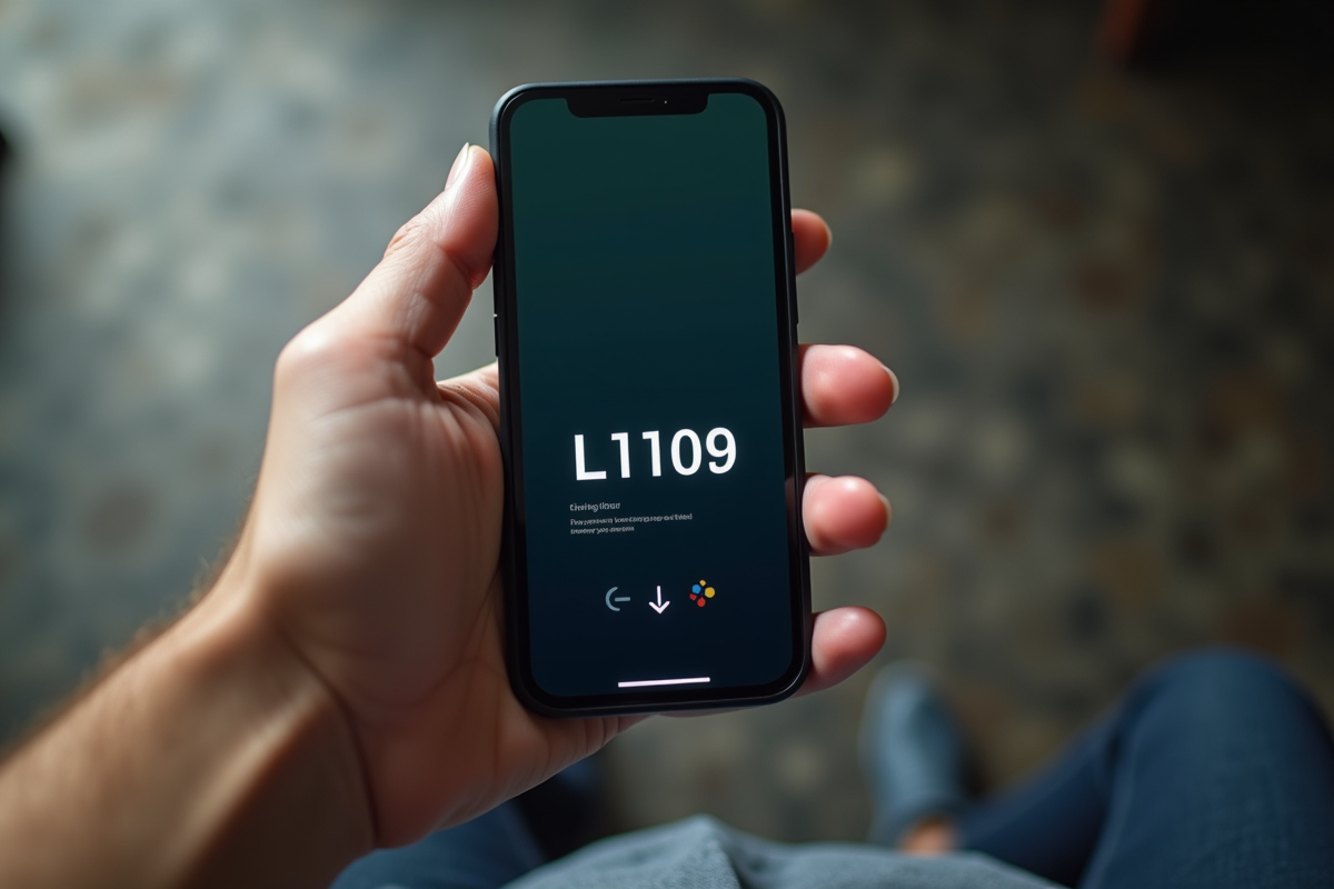 Mains tenant un smartphone montrant erreur L1109 en gros plan