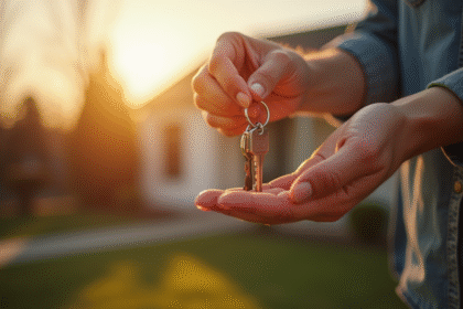 Mains tenant des clés de maison devant une maison moderne ensoleillée
