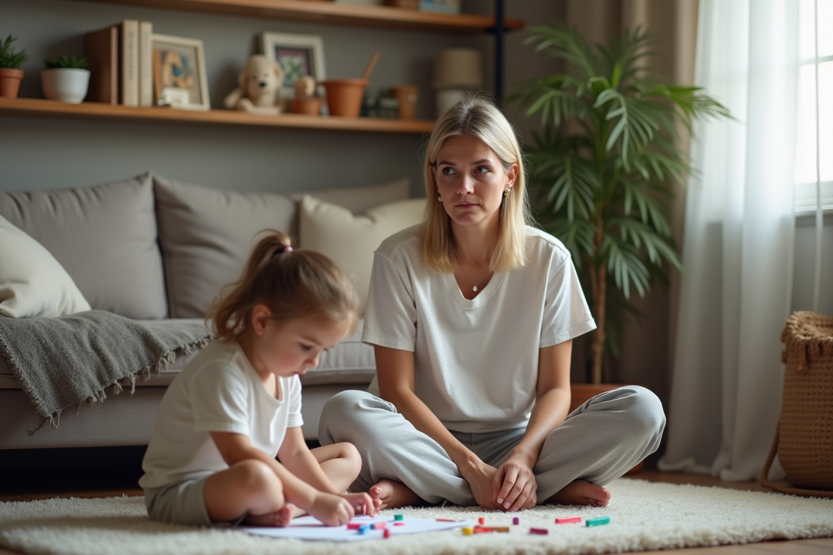 Maman et sa fille en train de colorier dans le salon