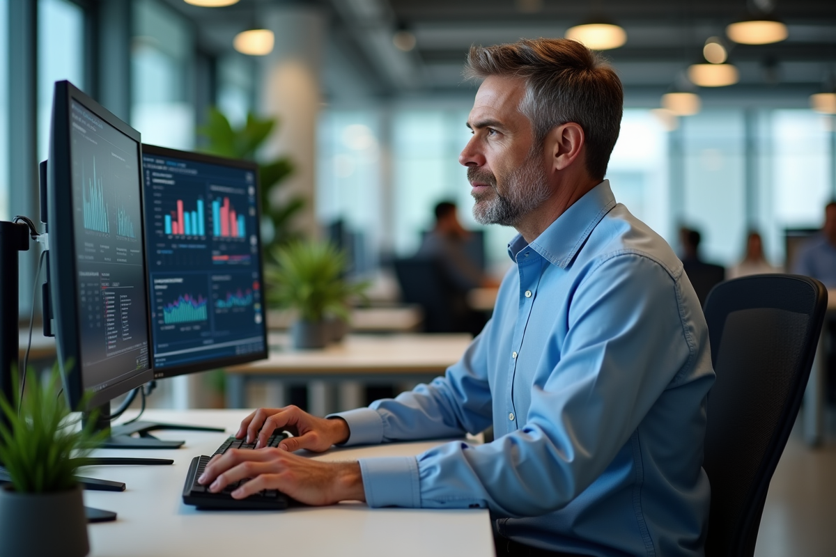 Manager informatique analysant des données sur ses écrans au bureau