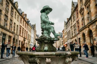 La célèbre statue du Manneken Pis à Bruxelles photographiée en contre-plongée avec des touristes en arrière-plan flou