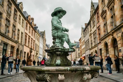 La célèbre statue du Manneken Pis à Bruxelles photographiée en contre-plongée avec des touristes en arrière-plan flou