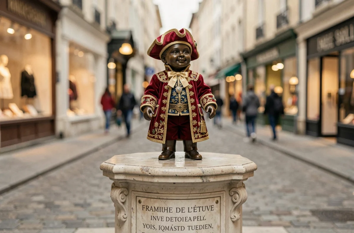 Le Manneken Pis en costume traditionnel sur son piédestal baroque dans la rue de l'Étuve à Bruxelles
