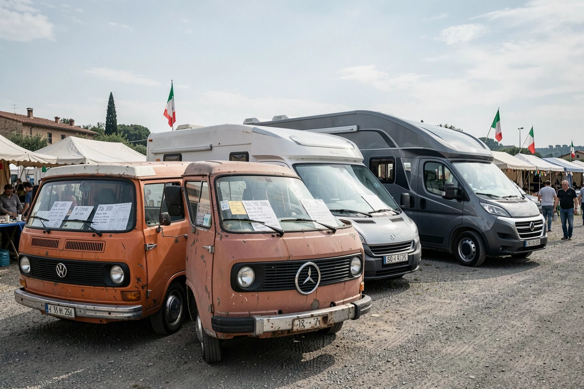 Rangée de camping-cars et vans d'occasion à vendre lors d'un marché de véhicules en plein air en Italie