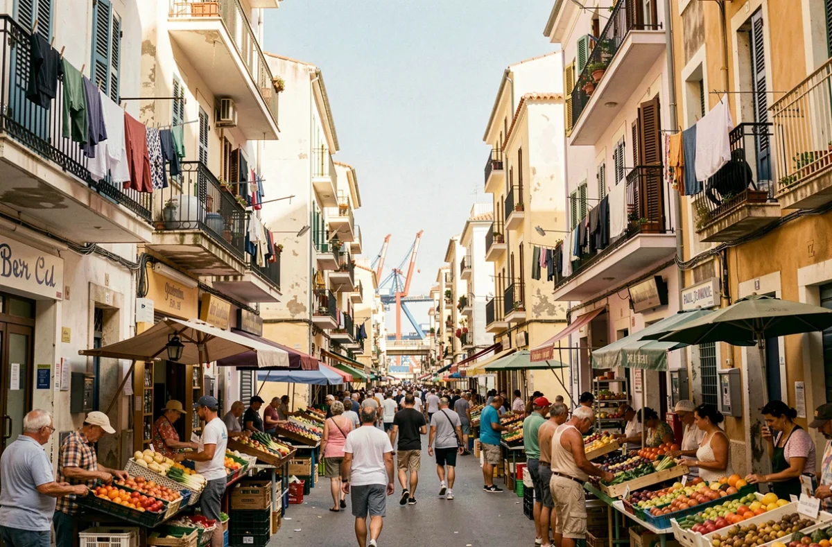 Rue animée d'un quartier de Marseille avec immeubles blanchis au soleil, linge aux balcons et vendeurs de rue adultes