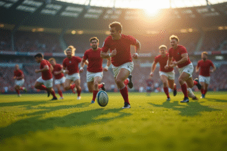 Match de rugby intense en action sur le terrain vert