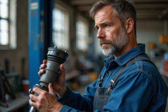 Mécanicien homme en overalls examine un silent bloc suspension