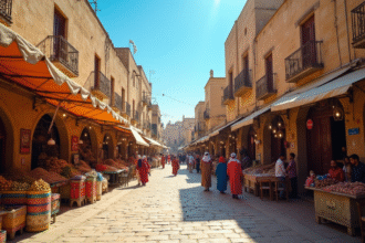 Rue ancienne dans une medina algerienne avec marché et habitants