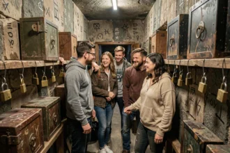 Groupe de joueurs explorant une salle d'escape game mystérieuse dans le Haut-Rhin, entourés d'énigmes et de cadenas