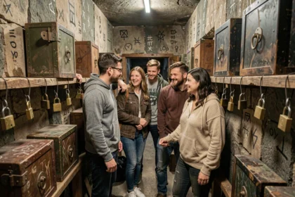Groupe de joueurs explorant une salle d'escape game mystérieuse dans le Haut-Rhin, entourés d'énigmes et de cadenas