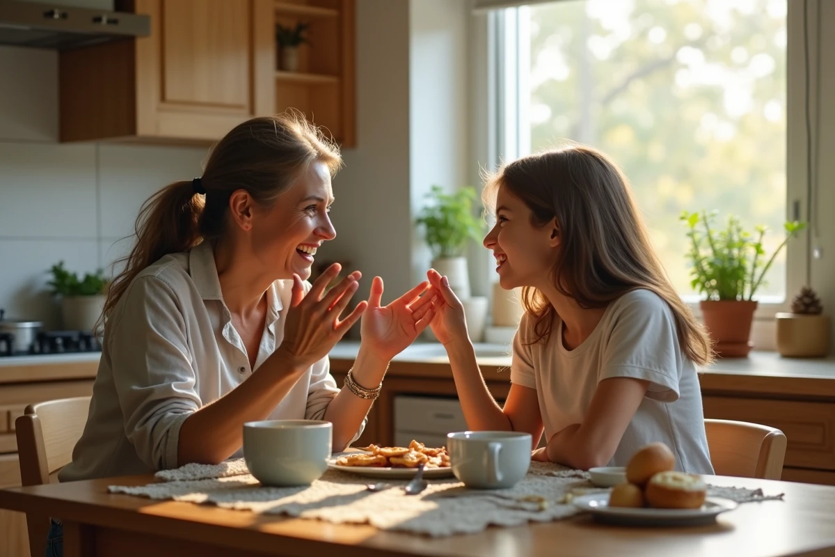 Mère et fille discutant autour de la table du petit-déjeuner, scène de dialogue familial inspirée des paroles de Elle me dit de Mika