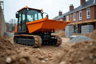 Mini dumper compact orange sur un chantier résidentiel entouré de gravats et de terre excavée