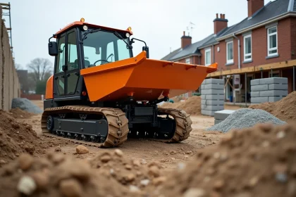 Mini dumper compact orange sur un chantier résidentiel entouré de gravats et de terre excavée