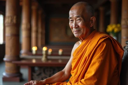 Moine bouddhiste thaïlandais âgé en robe safran assis dans un temple en teck de Thaïlande du Nord, posture méditative et expression sereine