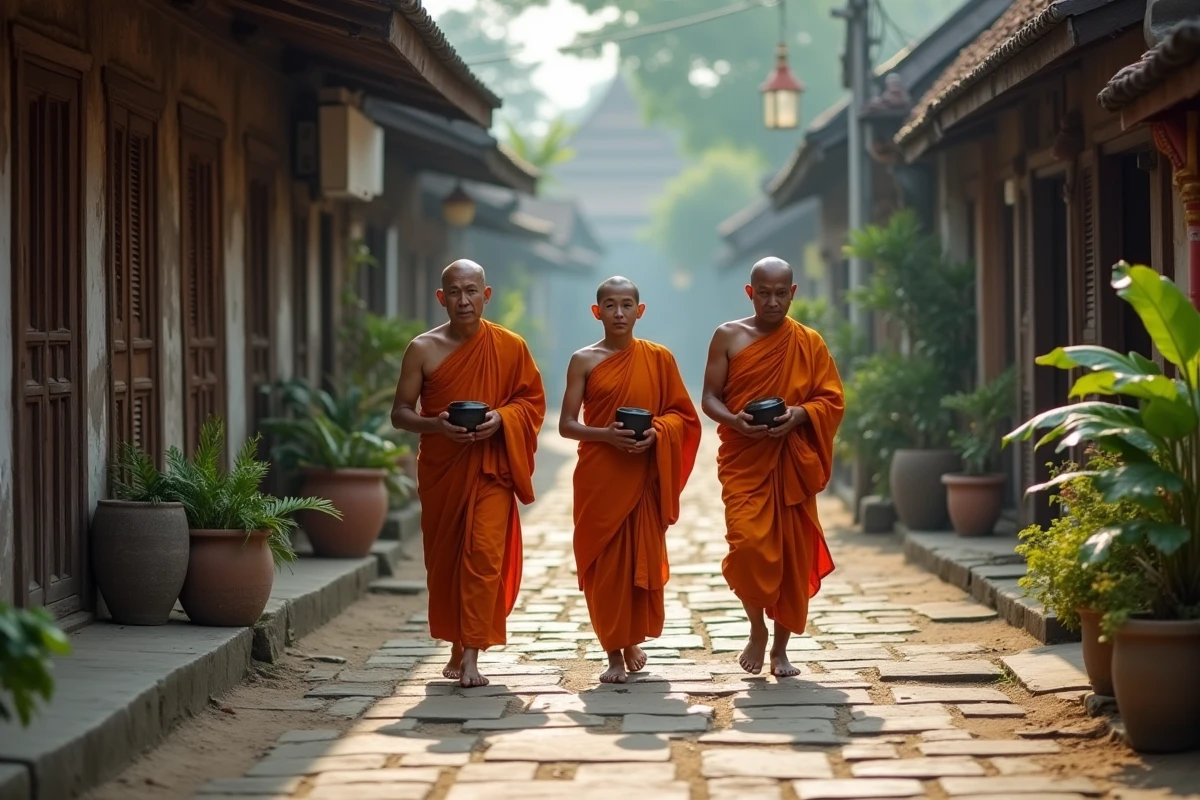 Trois moines bouddhistes thaïlandais de différents âges marchant en file indienne dans une rue de Chiang Mai lors de la collecte d'aumônes matinale