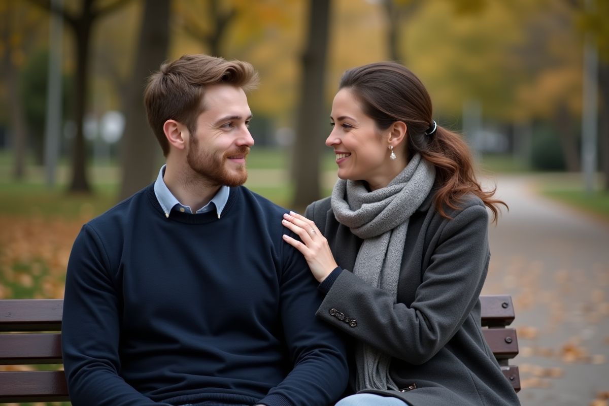 Jeune homme et femme sur un banc dans un parc automnal