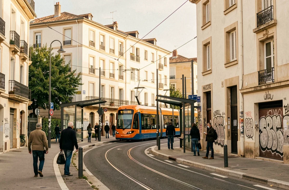 Rue d'un quartier de Montpellier avec arrêt de tramway, immeubles résidentiels et piétons adultes