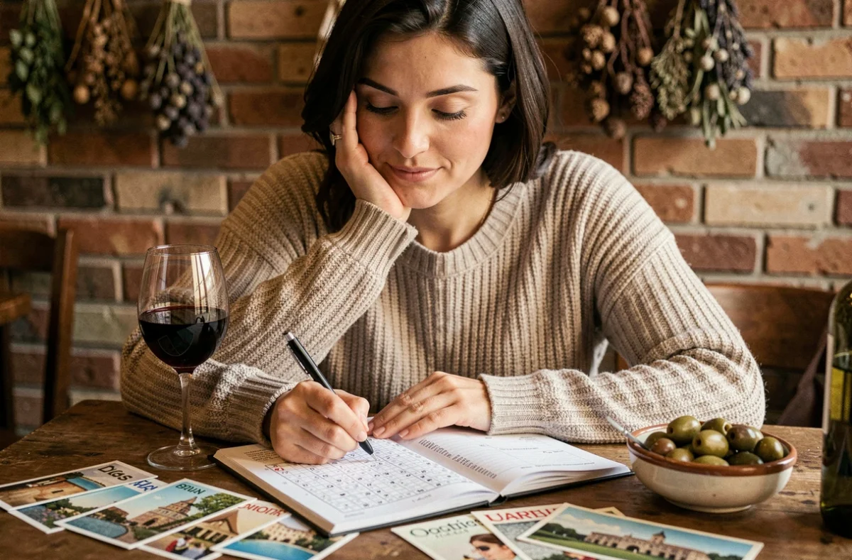 Femme résolvant des mots croisés sur les villes italiennes dans une trattoria rustique avec vin et olives