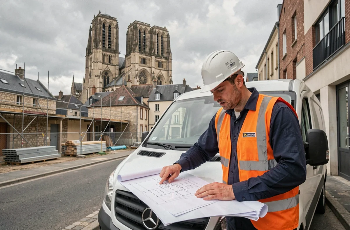 Électricien SARL Mouton Électricité consultant des plans devant un chantier à Chartres avec la cathédrale en arrière-plan