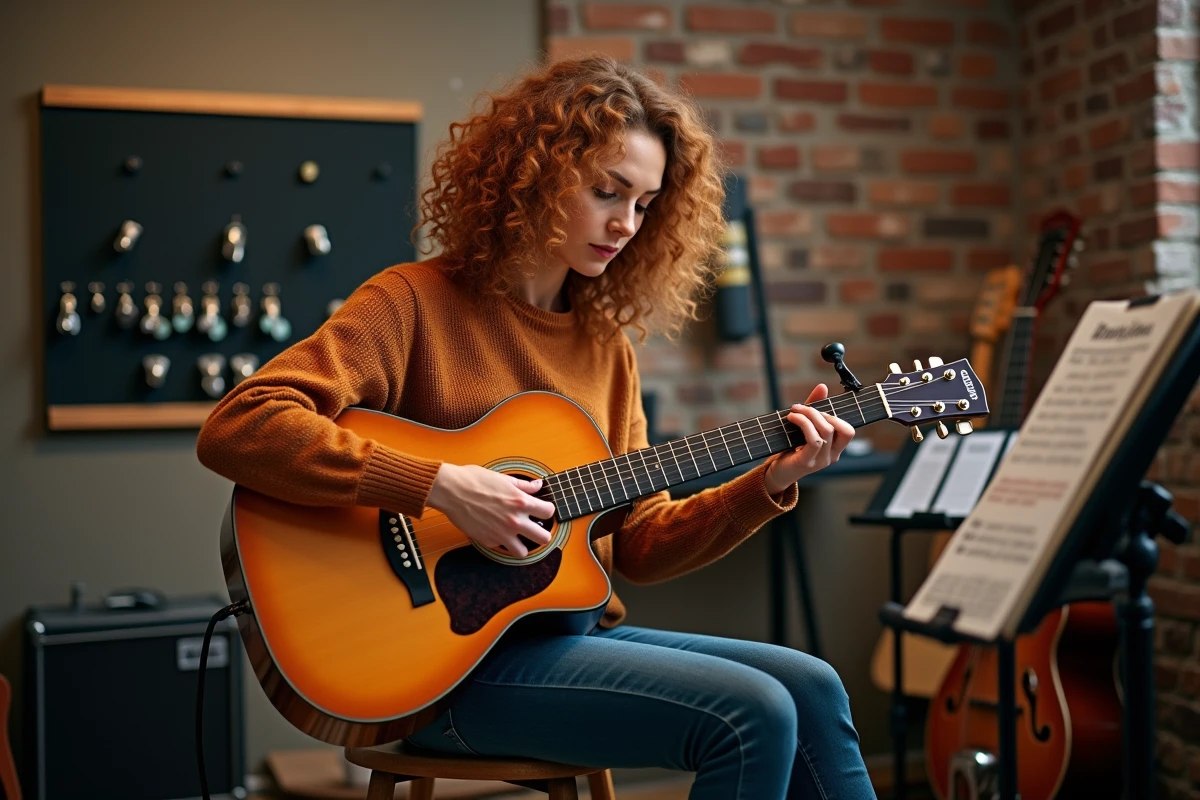 Musicienne étudiant une grille d'accords avec un capodastre sur sa guitare dans un studio de répétition