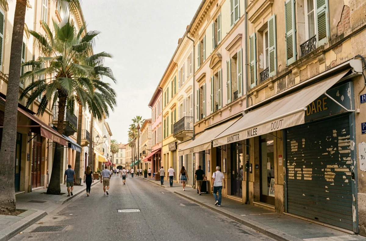 Boulevard de Nîmes dans le Gard avec architecture méridionale, palmiers, passants adultes et brasserie fermée aux volets défraîchis