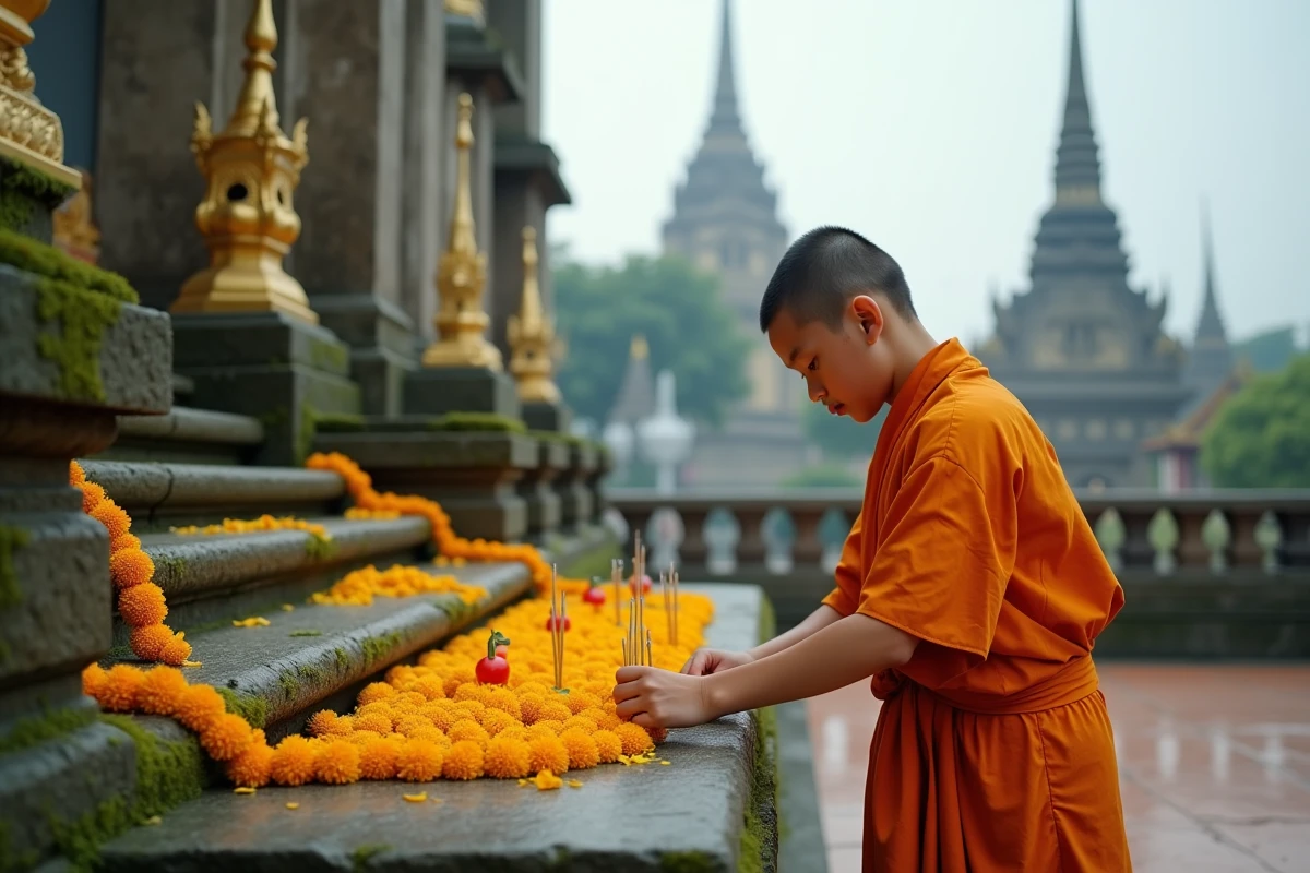 Jeune novice moine thaïlandais arrangeant des guirlandes de soucis et de l'encens sur un autel de temple à Bangkok, expression recueillie et gestuelle rituelle