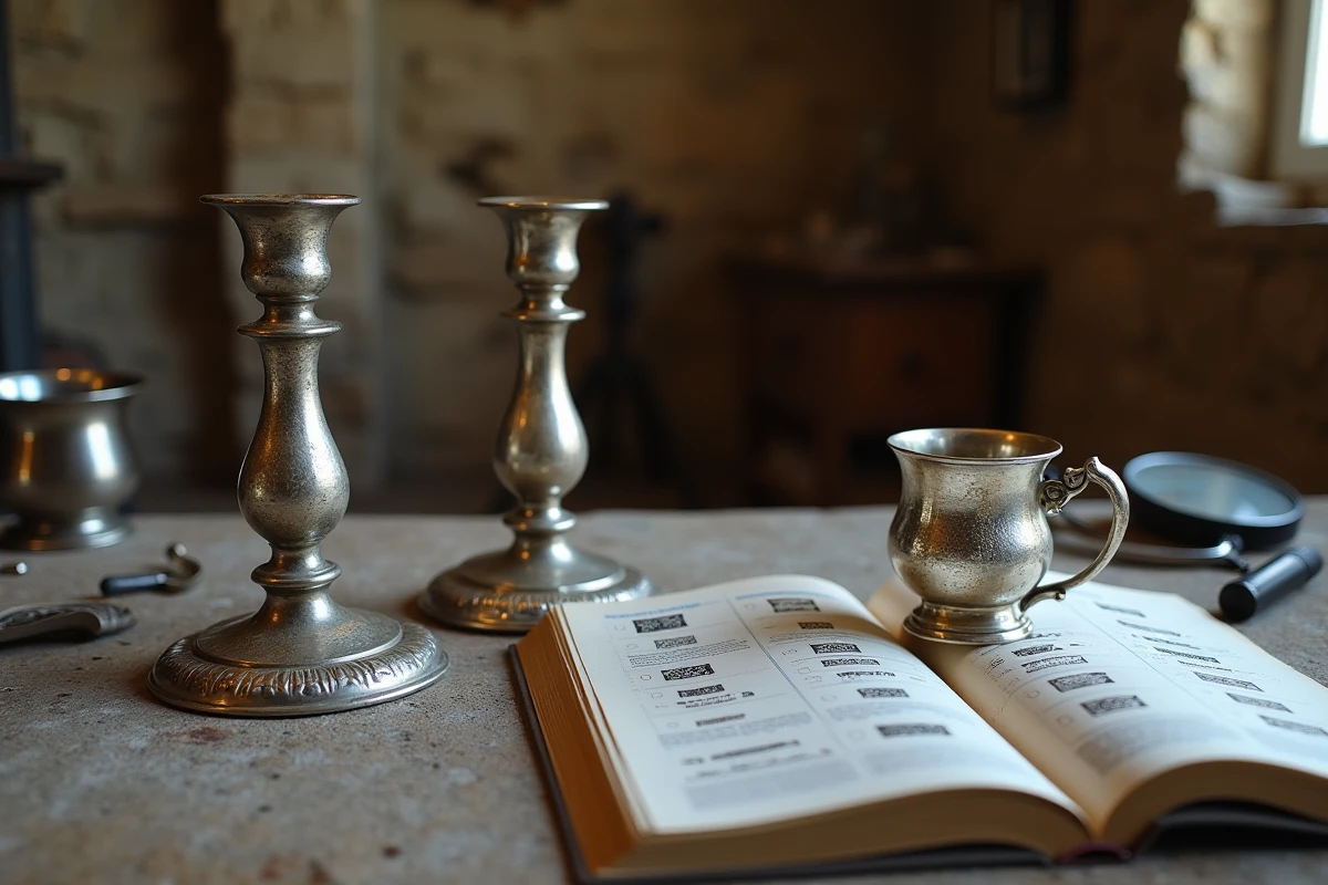 Objets en argent ancien posés près d'un guide d'identification des poinçons français