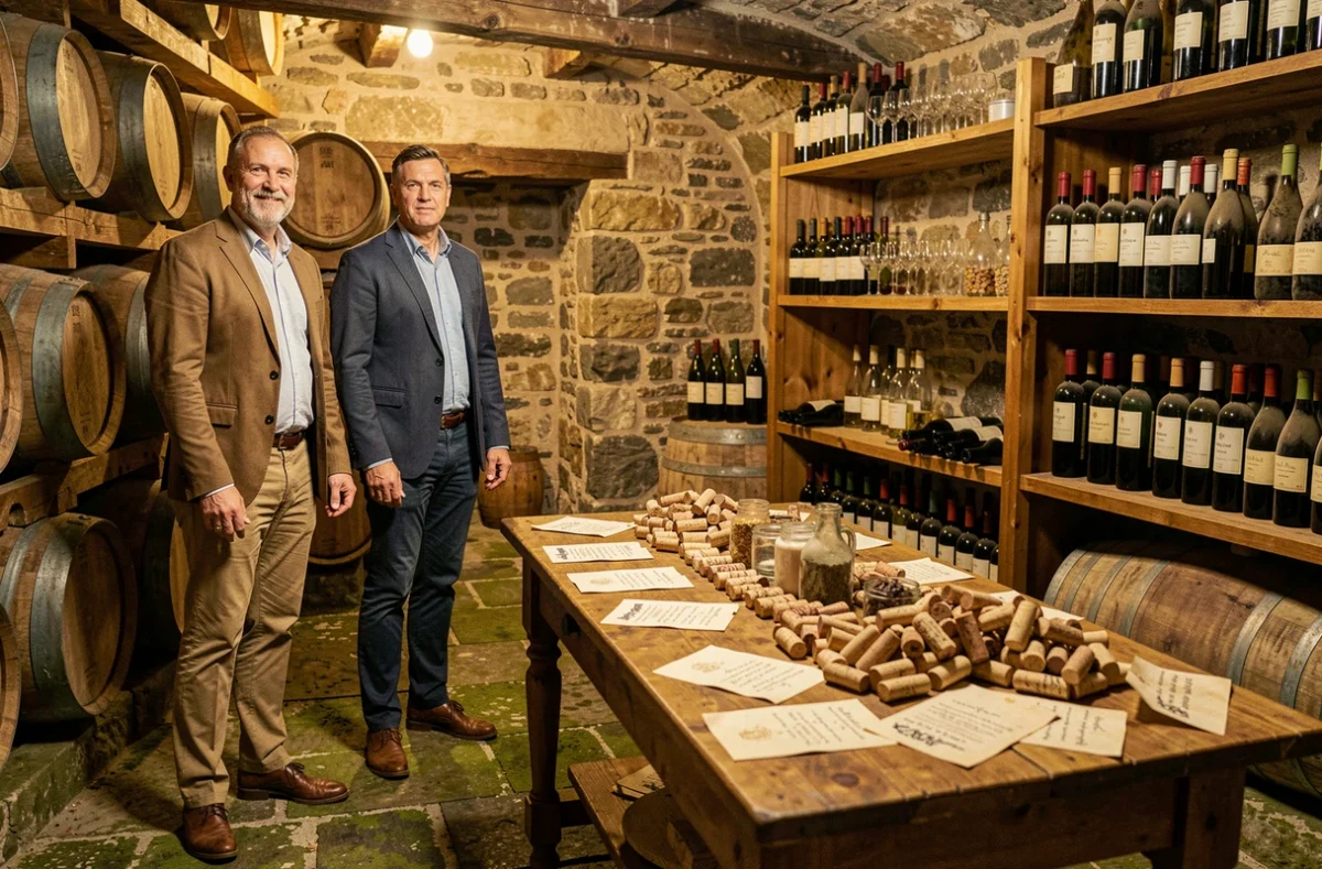 Joueurs explorant une cave à vin alsacienne dans le jeu d'escape game Oenolo Game Bio à Zellenberg