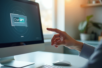 Ordinateur moderne avec interface ChatGPT et main au-dessus de la poubelle