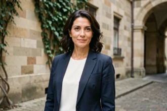 Femme d'origine méditerranéenne en blazer marine dans une cour parisienne en pierre, evoquant discrétion et élégance